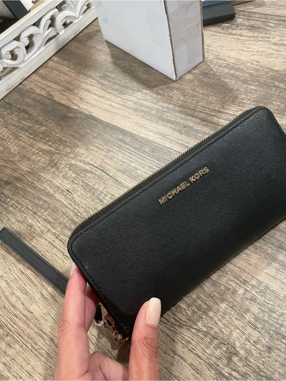 Michael Kors Black Saffiano Zip Wristlet with Gold Logo